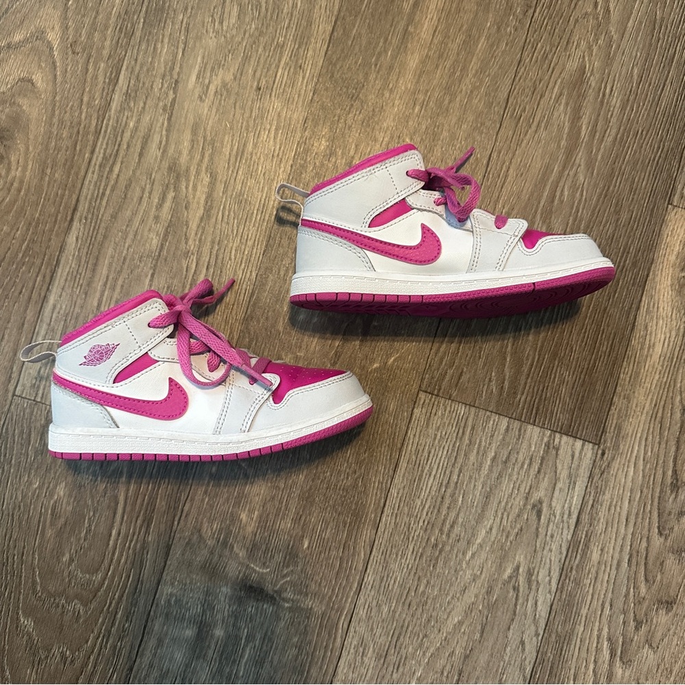 Nike Air Jordan 1 Mid Pink and White Leather Sneakers